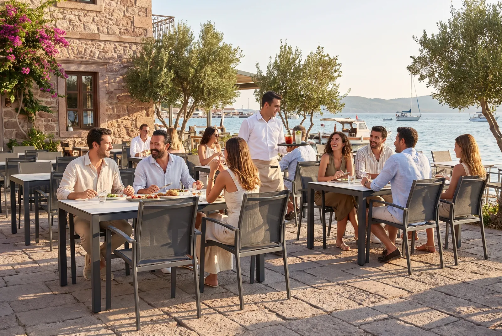 Kafe terasında alüminyum masa ve sandalyelerle düzenlenmiş oturma alanı