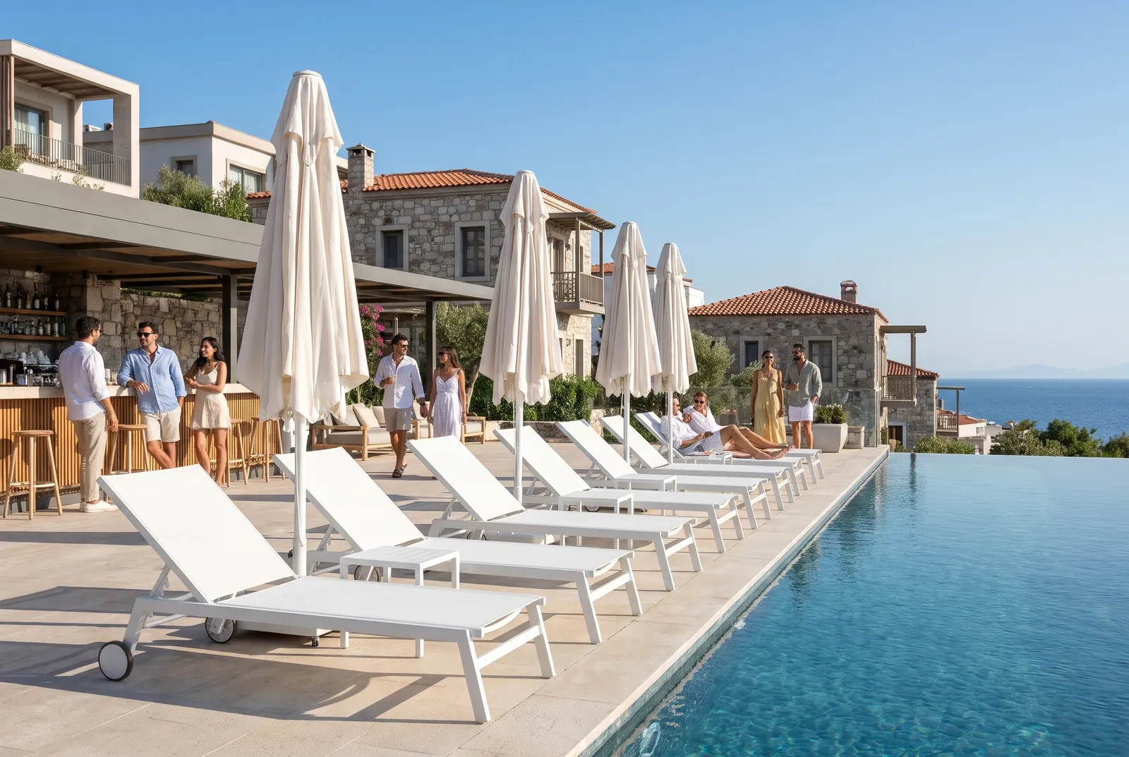 Bodrum’da bir butik otelin havuz başında sıra şezlonglar