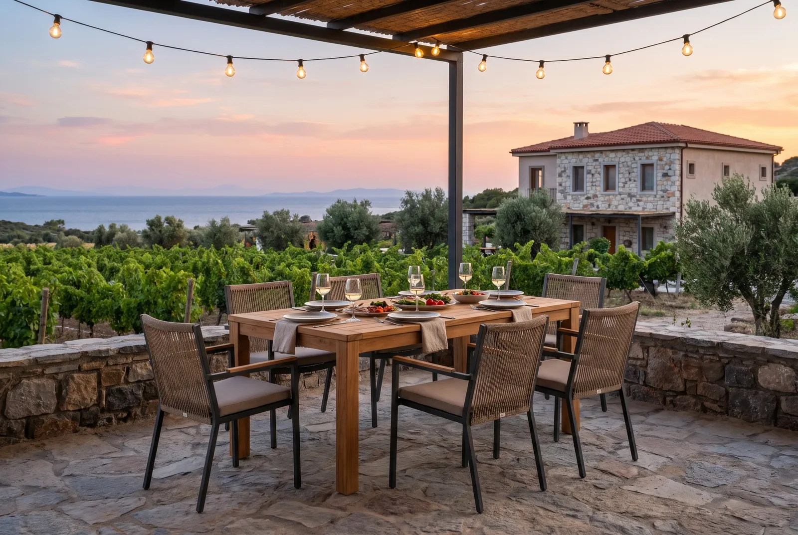 Restoran terasında şemsiye altında düzenlenmiş masalar